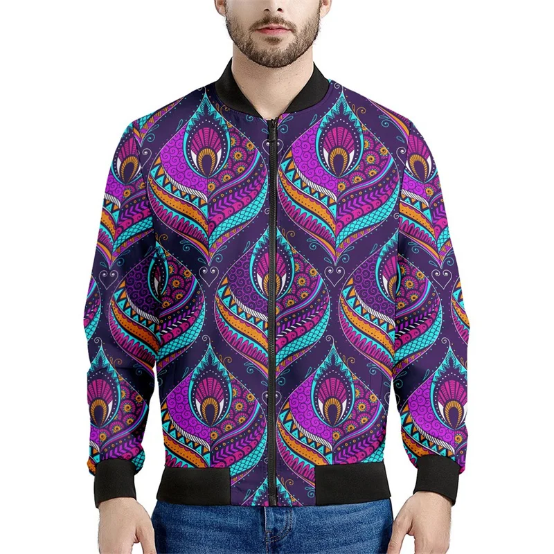 thumbnail image 1 of Chaquetas con estampado de plumas bohemias para hombre, sudadera de manga larga con estampado 3D retro, chaqueta bomber de calle de gran tamaño con cremallera, 1 of 5