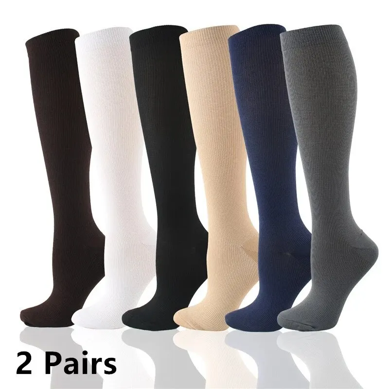 

2 Pairs Compression Socks Varicose Veins Solid Color Sports Sock Anti Fatigue Blood Circulation Nurse Knee Socks Running Cycling