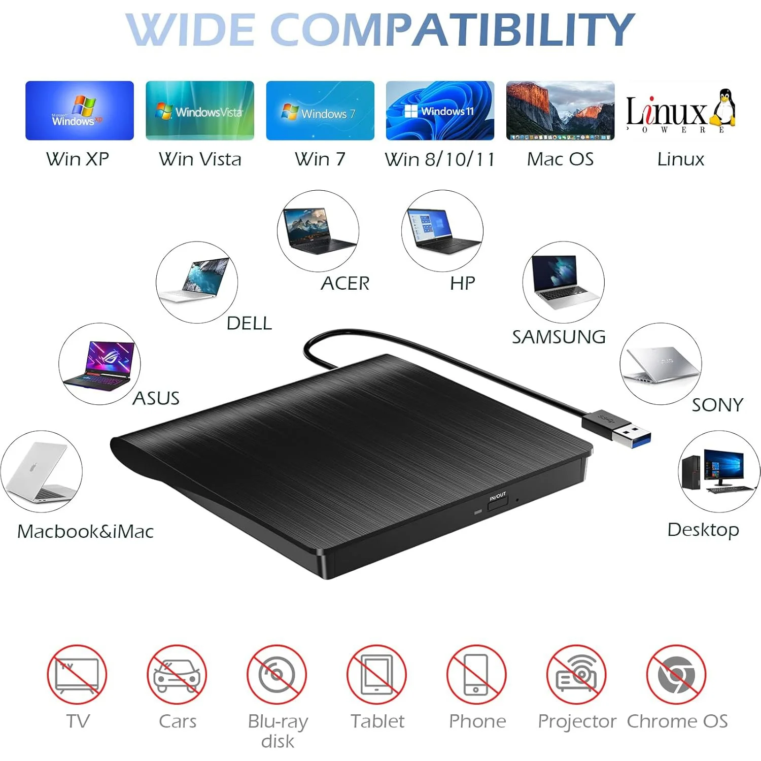 외장 CD/DVD 드라이브, USB 3.0 CD DVD 플레이어 휴대용 +/-RW 버너 CD ROM 리더 라이터 디스크 복제기 (노트북 데스크탑 PC용)