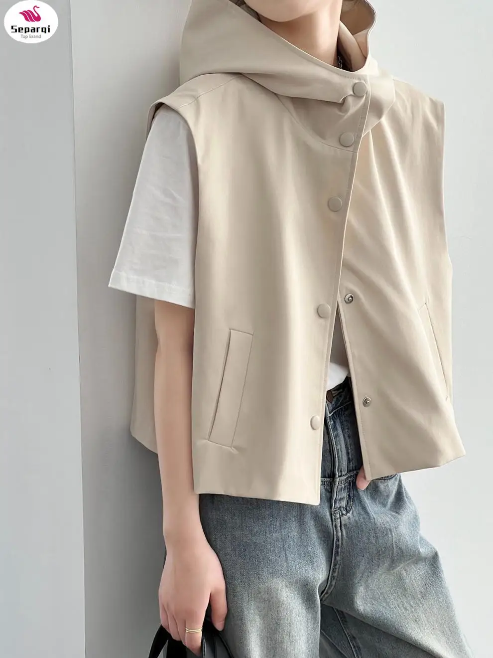 

SEPARQI Sleeveless Vests for Women Casual Hooded Top 2024 Cardigan Korean Version of The Shoulders Section Sleeveless Jacket