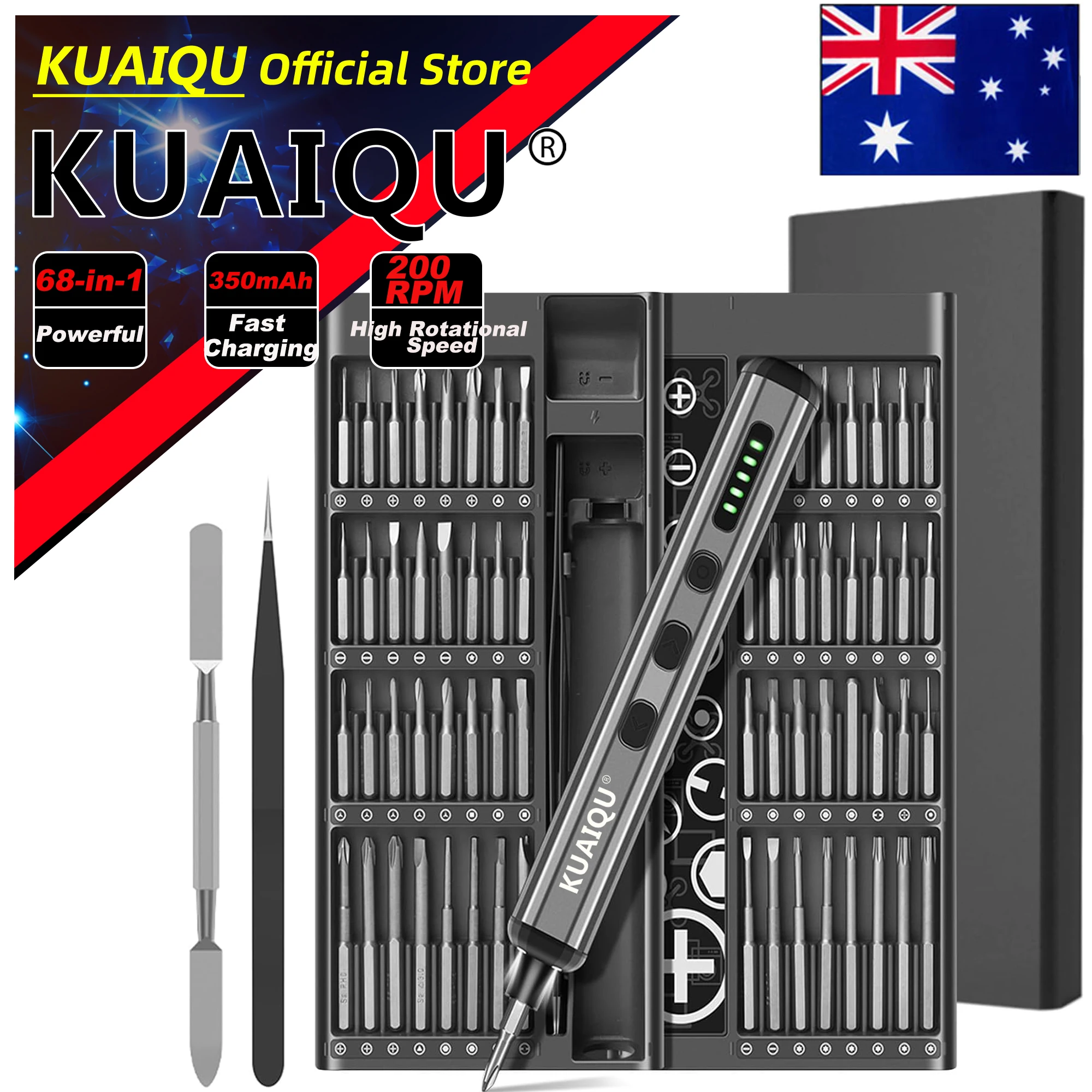 KUAIQU Electrical Precision Screwdriver 68 in 1,Magnetic Screw Driver Kit,2 Gear Torque,400+ Screw S2 Steel Precision Bit