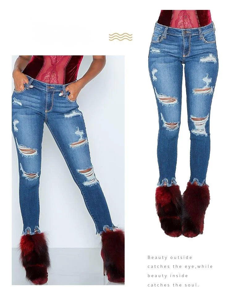 Women's Mid Rise Perforated Cropped Jeans For Women Spring Autumn_voghion.com