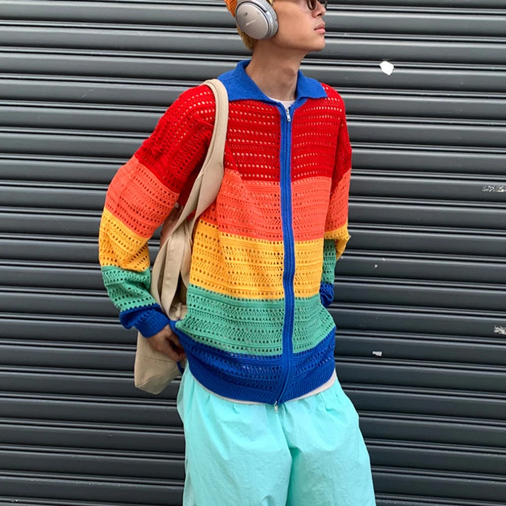 

Color Dopamine Stripe Sweater for Men Hollow Zipper Knit Wear Cardigan Spring Autumn Shirt Sweaters Streetwear Coat Jacket Man