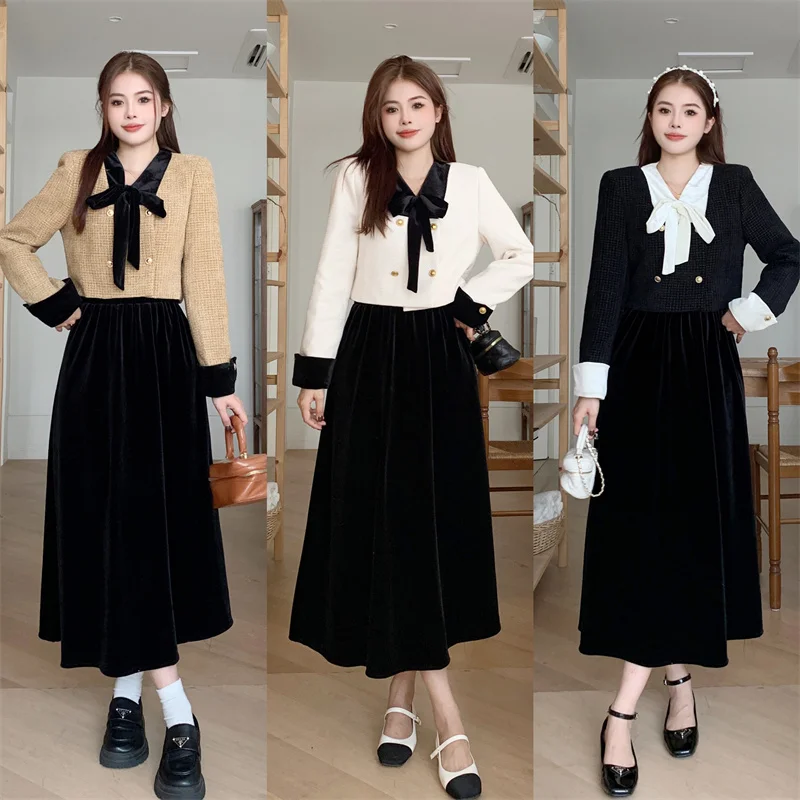 

Actual Photos: Plus Size Autumn/Winter Velvet Patchwork Tie Bow Chic Style Wool Jacket and Velvet High-Waisted Skirt Hot Sale