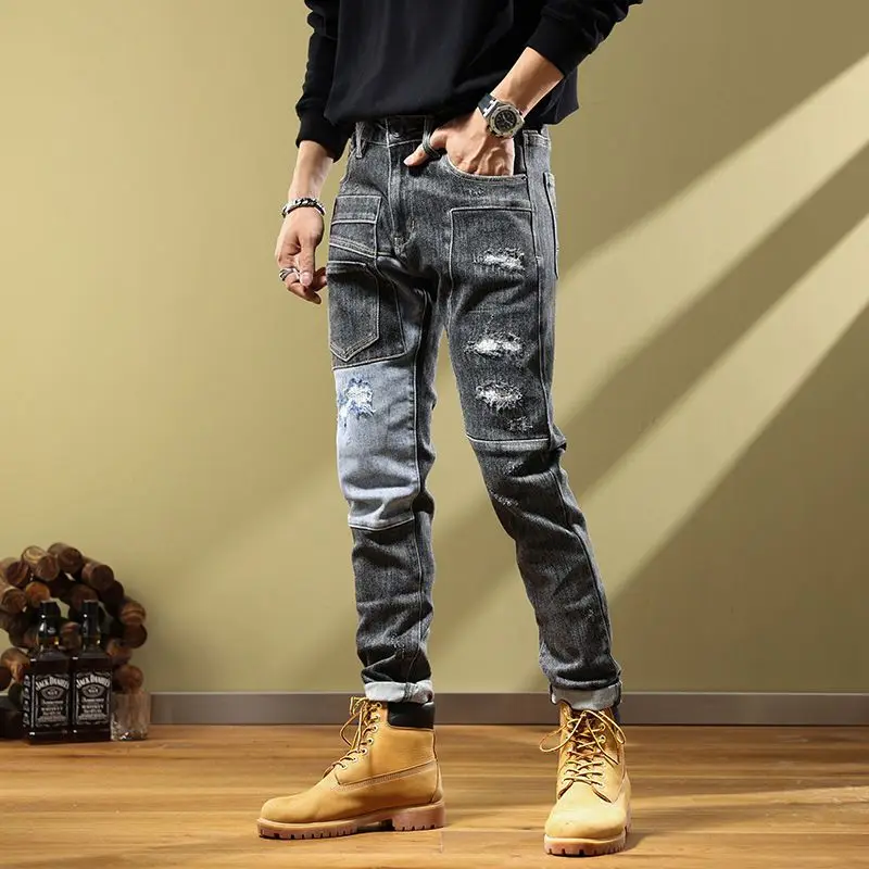 Autumn fashion label fashion patch splicing fashion men's jeans motorcycle retro Korean small leg pants ripped jeans  men jeans