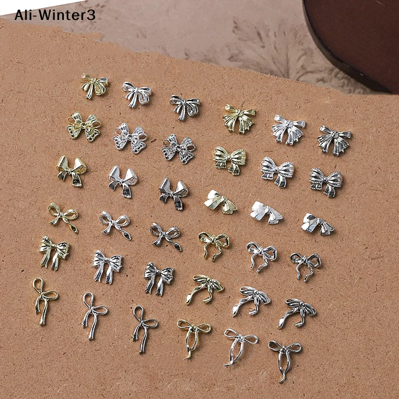 50개 골드/실버/화이트 메탈 합금 리본 보우 매니큐어 장식 3D 럭셔리 메탈 보우 매니큐어 부품 매니큐어 액세서리