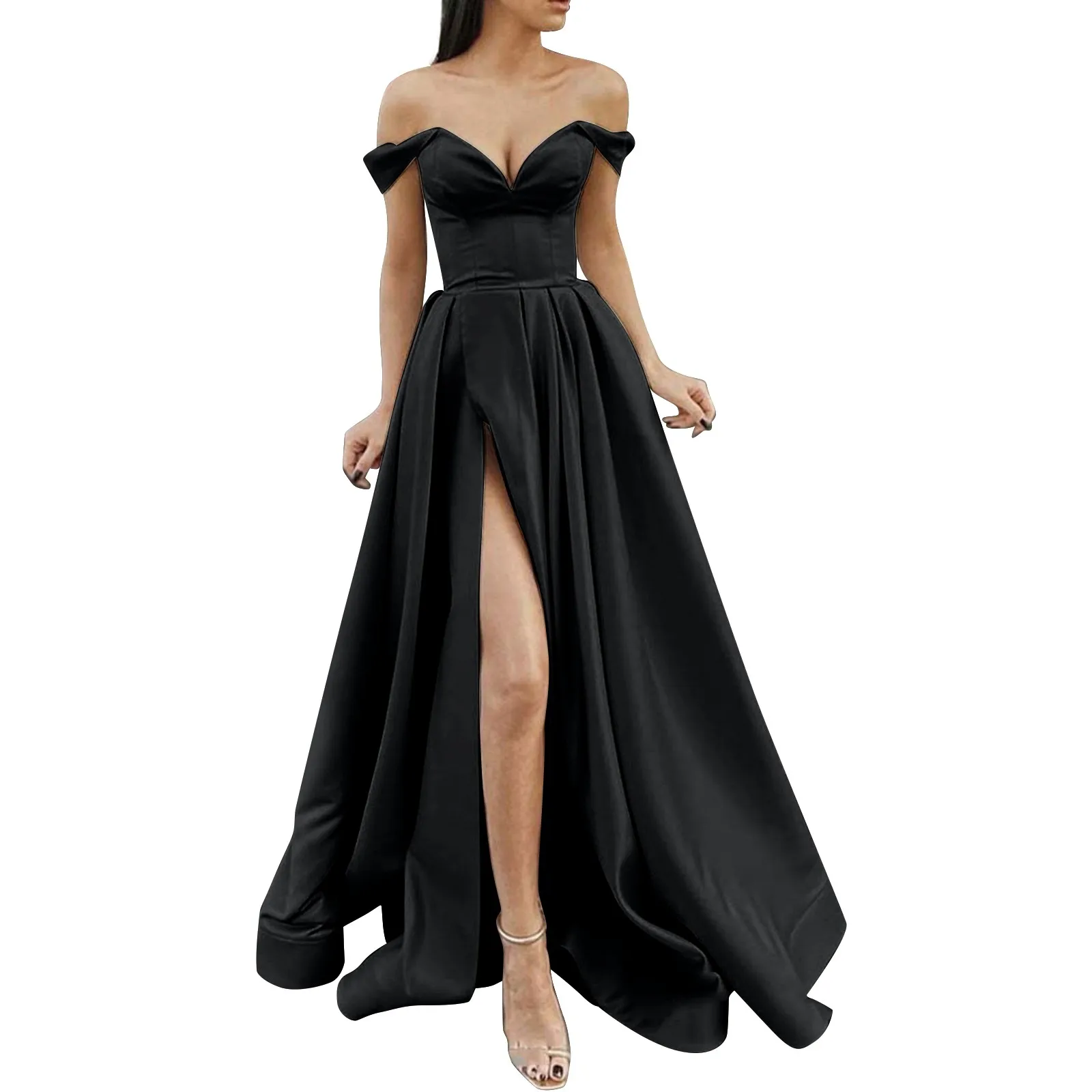 thumbnail image 1 of Vestido de verano con hombros descubiertos para fiesta, graduación, abertura alta, sexy, escote en V, vestido de noche para mujer, túnica plisada lisa, vestidos elegantes largos para mujer, 1 of 5