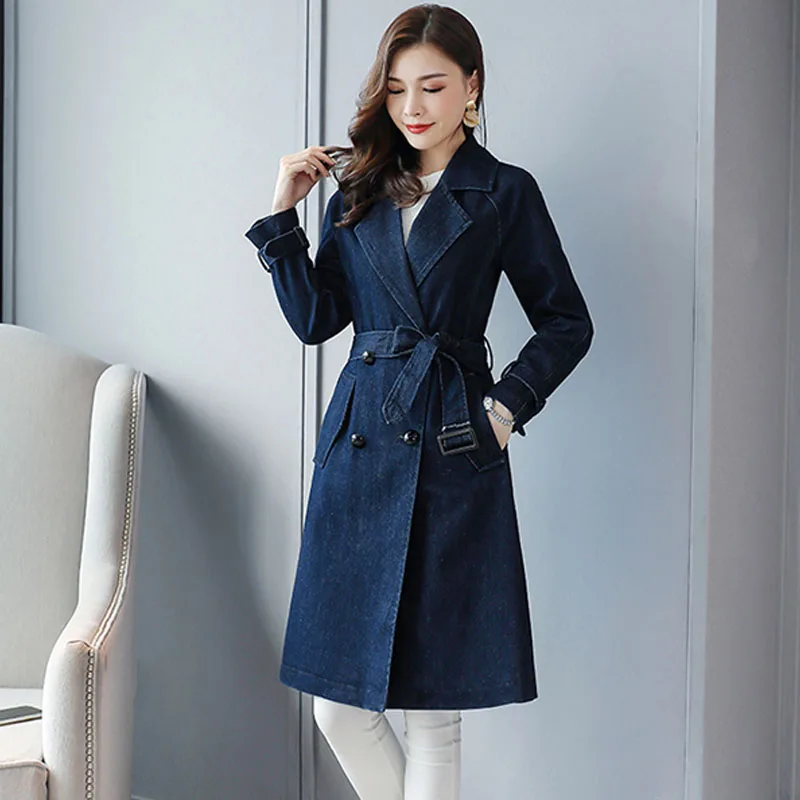 

YASUGUOJI Vintage Blue Denim Windbreaker Jacket Spring Double Breasted Belt Loose Casual Elegant British Women Long Trench Coat