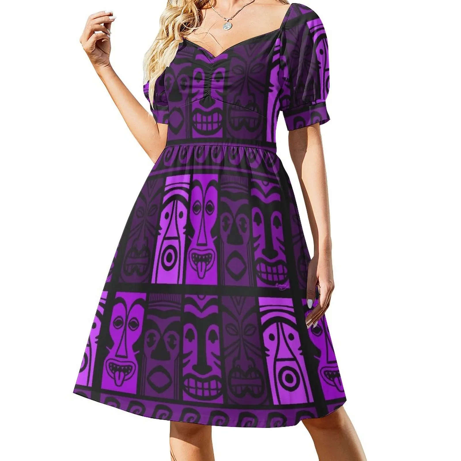 thumbnail image 1 of ¡Tikis de Marea Morada! Vestido de manga corta. Vestidos de verano para mujer. Vestidos de fiesta., 1 of 8