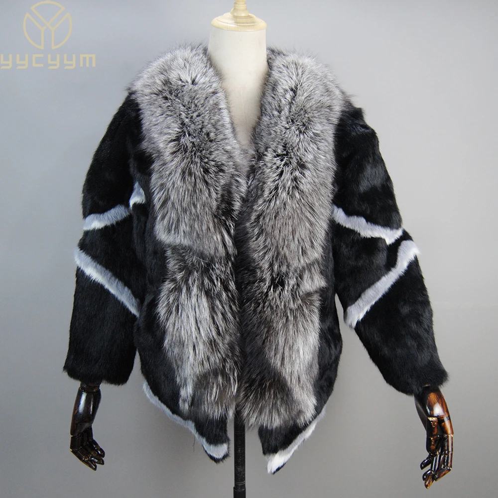 Women Winter Coats Black Woman's Casual Autumn Coat Real Natural Women's Rabbit Fur Coat Fox Fur Collar Large Size Rabbit Skin ethel anderson women s real rabbit fur coat natural rabbit fur classic o neck fashion slim thin rabbit fur coat