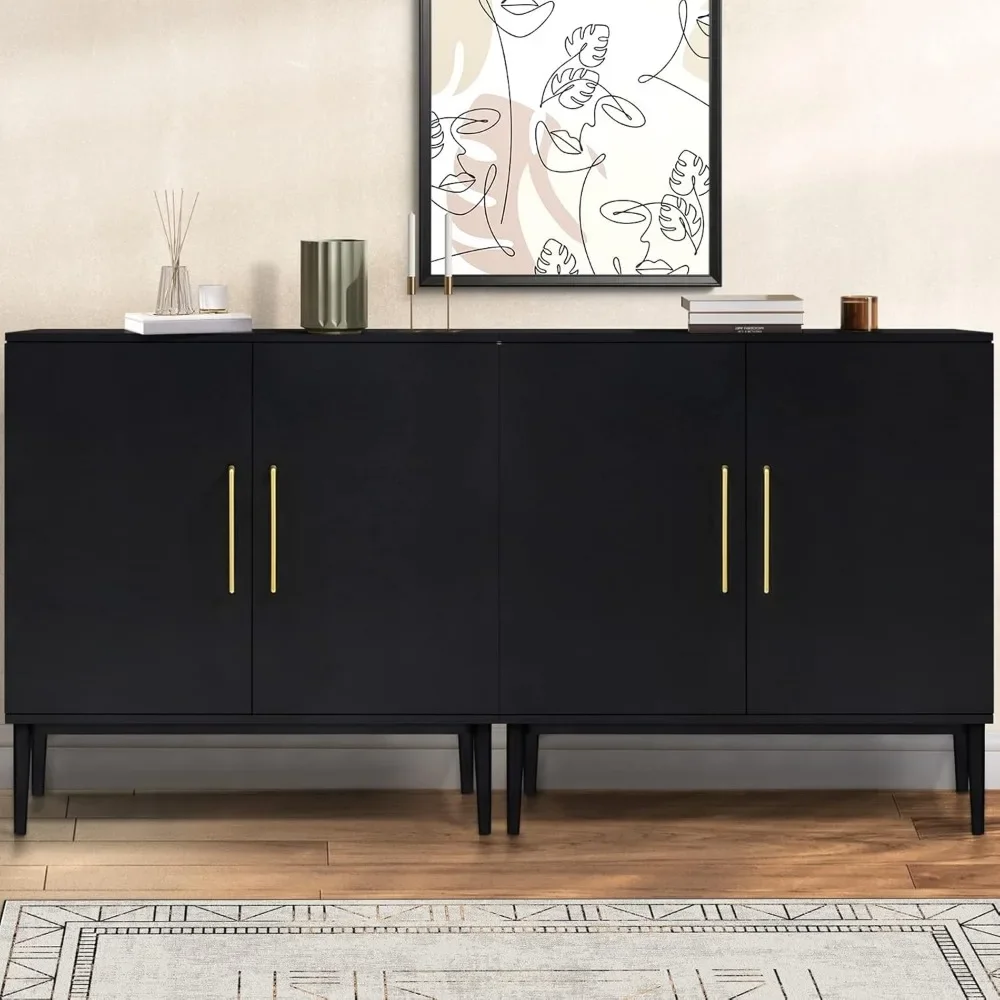 Set of 2 Black Side Storage Cabinet, Free Standing Cabinets, Wood Accent Cabinet with Doors, Sideboard for Bedroom, Kitche