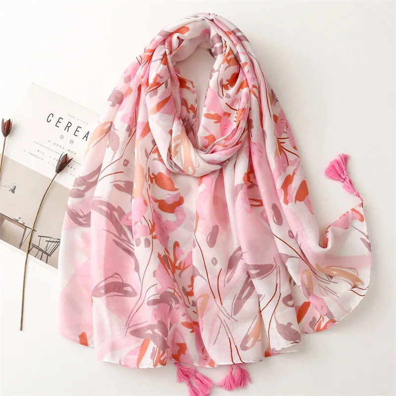 

2023 Fashion Women Cotton Ombre Flower Pattern Tassel Shawls Scarf Long Floral Print Blossom Beach Soft Wrap Hijab Free Shipping