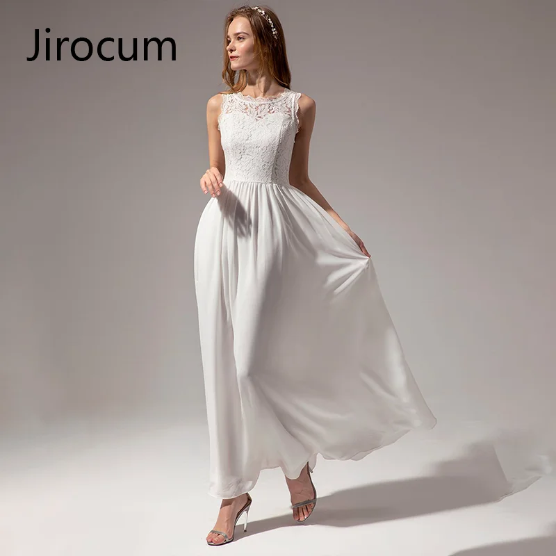 

Jirocum White Lace Evening Dress A-line Long Satin Formal Prom Gowns Elegant Women's Backless Sleeveless Dinner Party Dresses