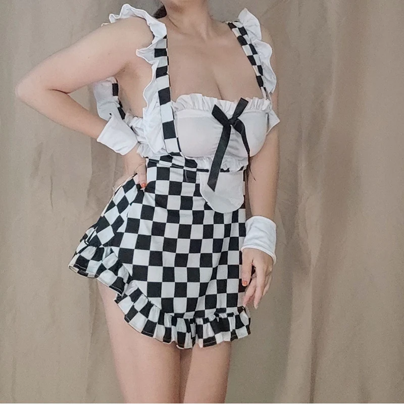 

Plus size sexy maid black and white checkered open crotch no take off uniform set Uniform seduction Erotic lingerie SM XXXL