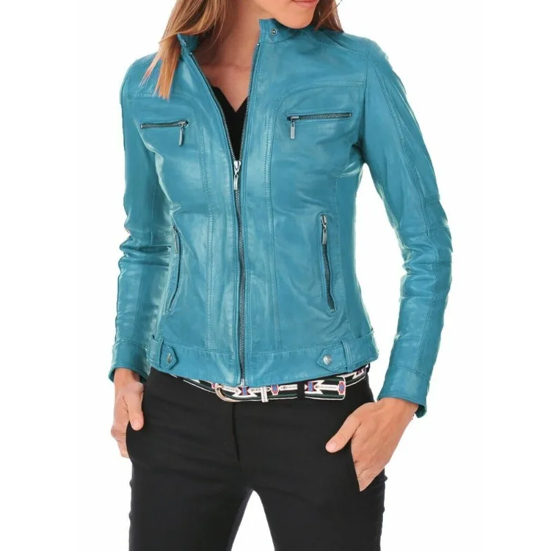 

Women Leather Jacket 100% Lambskin Leather Biker Turquoise Blue Jacket European and American Fashion Trends