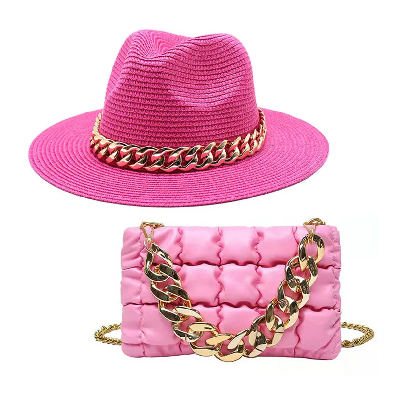 Set Straw Hat and Bag Set Gold Chain Bag Hat Set Ladies Leather Bag