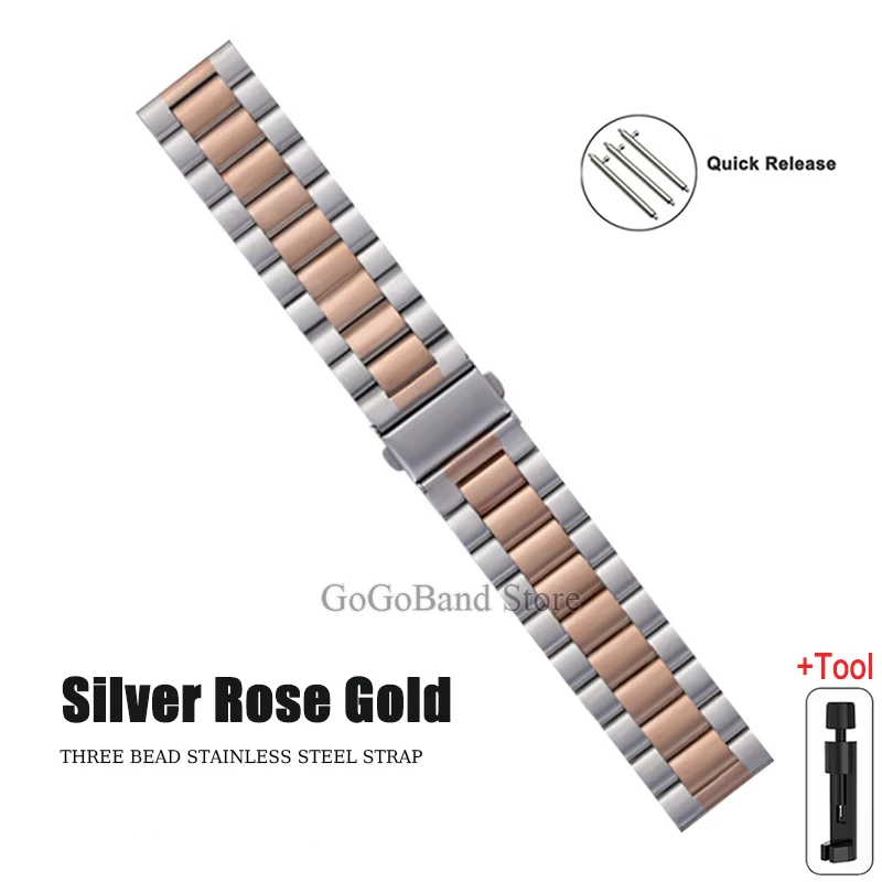 Premium Stainless Steel Watch Band, 20mm/22mm, Metal Strap, Silver/Black Finish