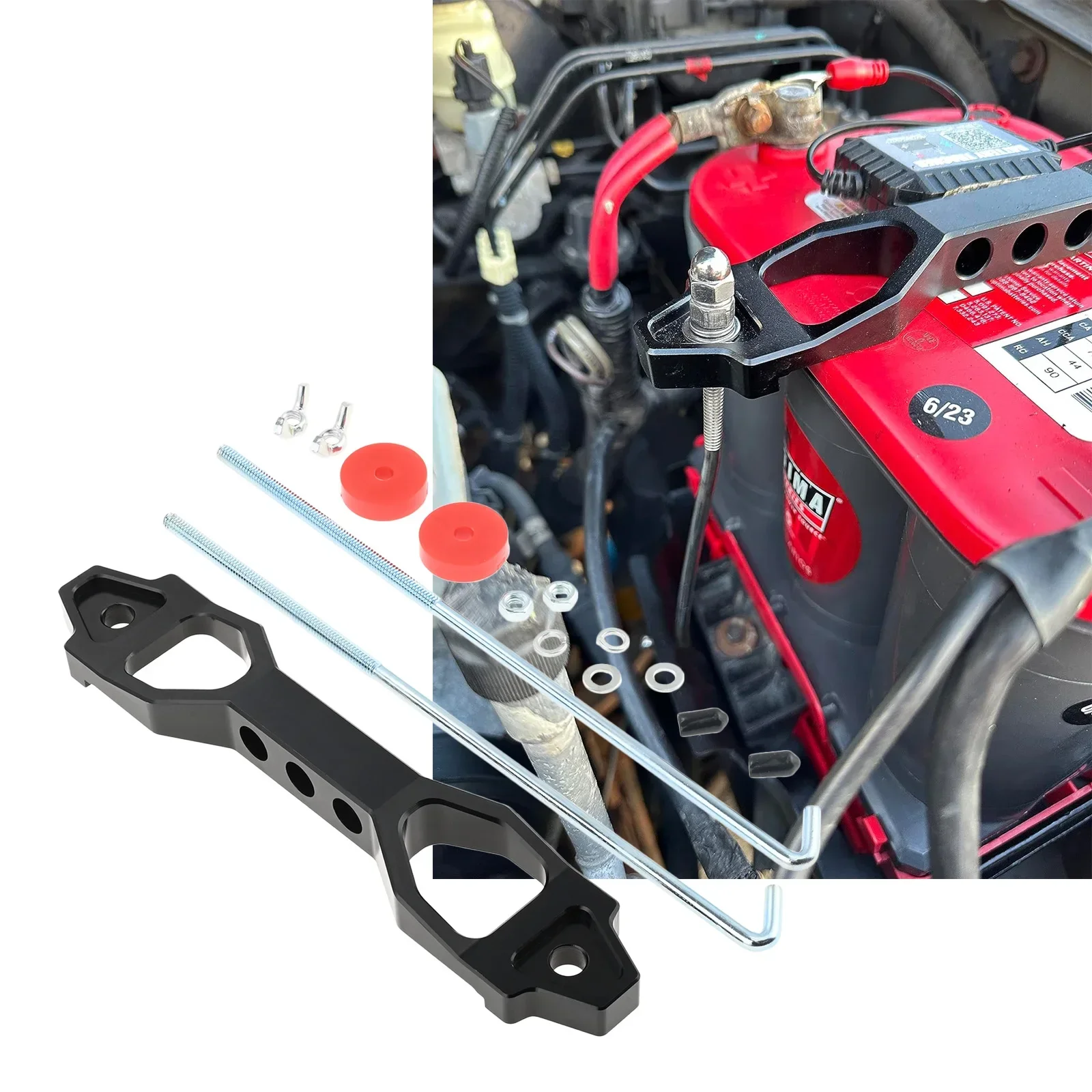 Universal Heavy Duty Aluminum Alloy Car Battery Tie Down Bracket Brace Holder Fasten Clamp with 10 Inch Stainless Steel J Bolts