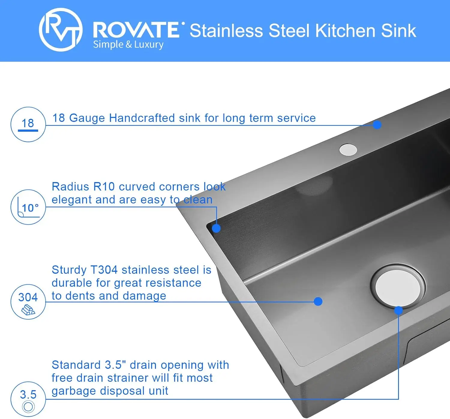 ROVATE Kitchen Sink 28&times;20 Inch Drop In 18 Gauge Handmade SUS 304 Top mount Stainless Steel 9 Inch Deep Single Bowl Black