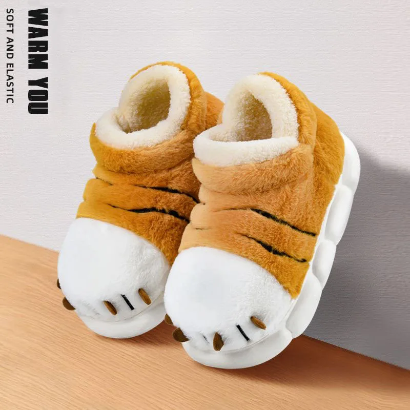 

Barefoot slippers men's winter booties tiger design slides slipper unisex cosplay home shoes man warm fluffy animal plush sliper