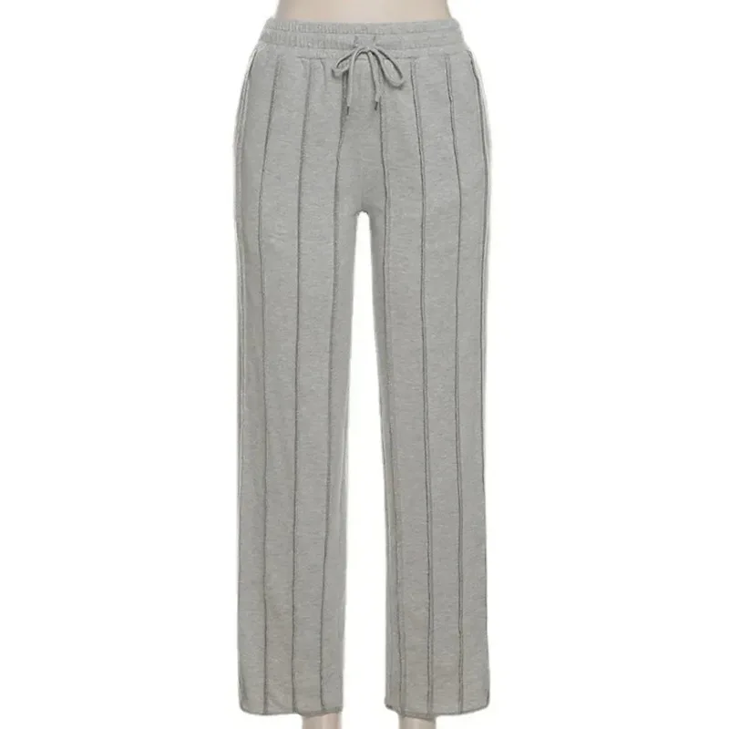 Deeptown Gray Sweatpants Women Hippie Baggy Striped Pleated Trousers Y2k Vintage Aesthetic Patchwork Joggers Casual Sports Pants