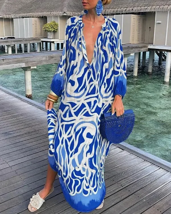 

V-neck Loose Long-sleeve Printed Dress Long Dress Women Print Dress Elegant Loose Holiday Beach Dress Vestidos