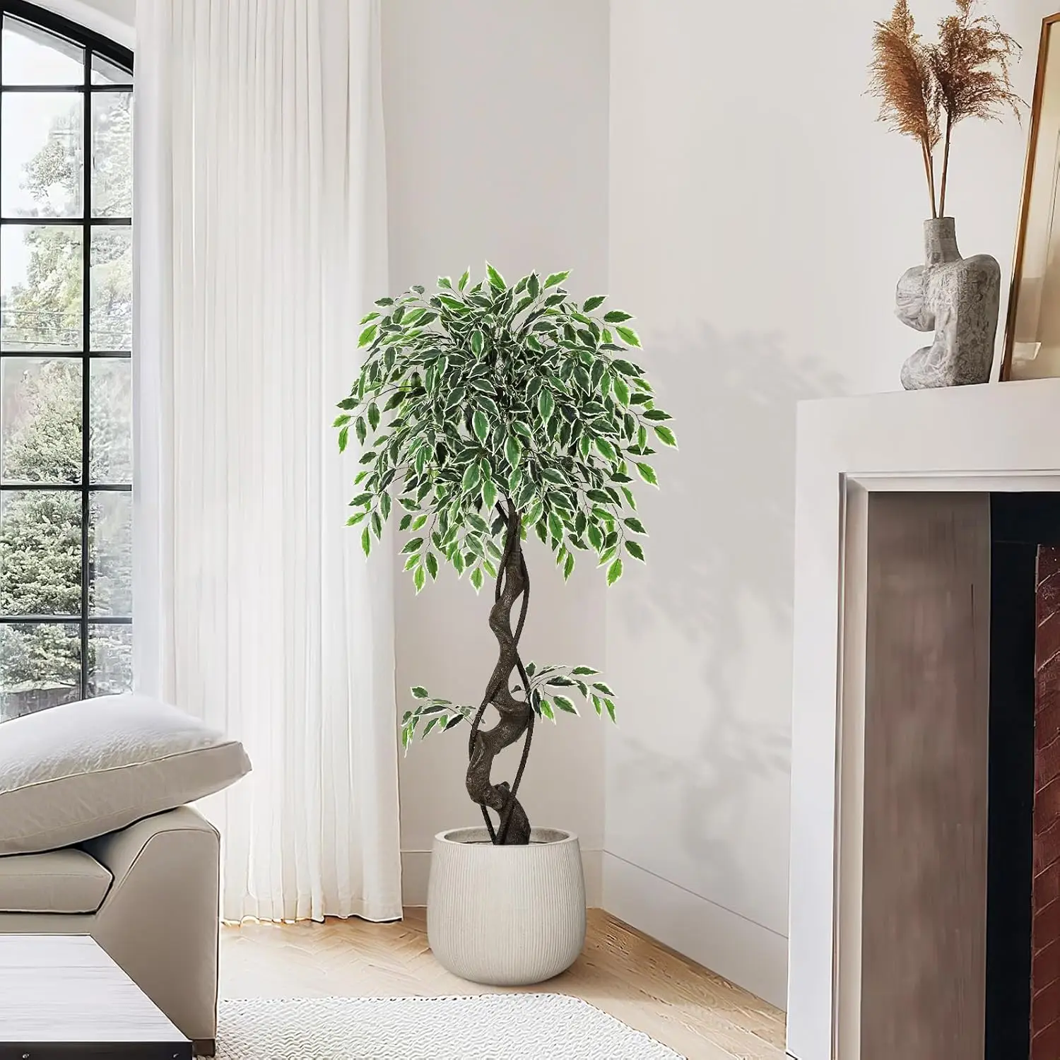 Künstlicher Ficus-Baum für die Inneneinrichtung im Innenbereich, künstlicher Bodenbaum, weißer Keramikimitat-Pflanzgefäß, lebensechter gefälschter Ficus-Baum – Detail 8