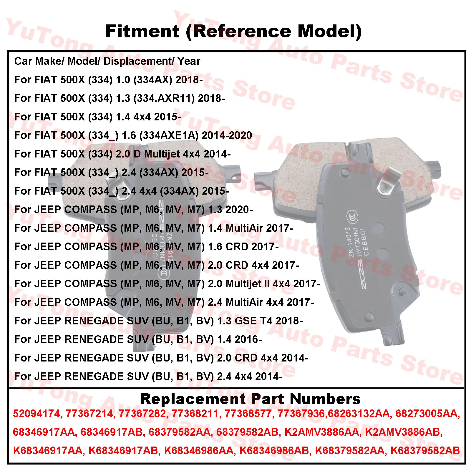 JEEP RENEGADE BU COMPASS 2015 2016 SUV FIAT 500X 334 68273005AA 예비 부품 도자기 용 앞 브레이크 패드