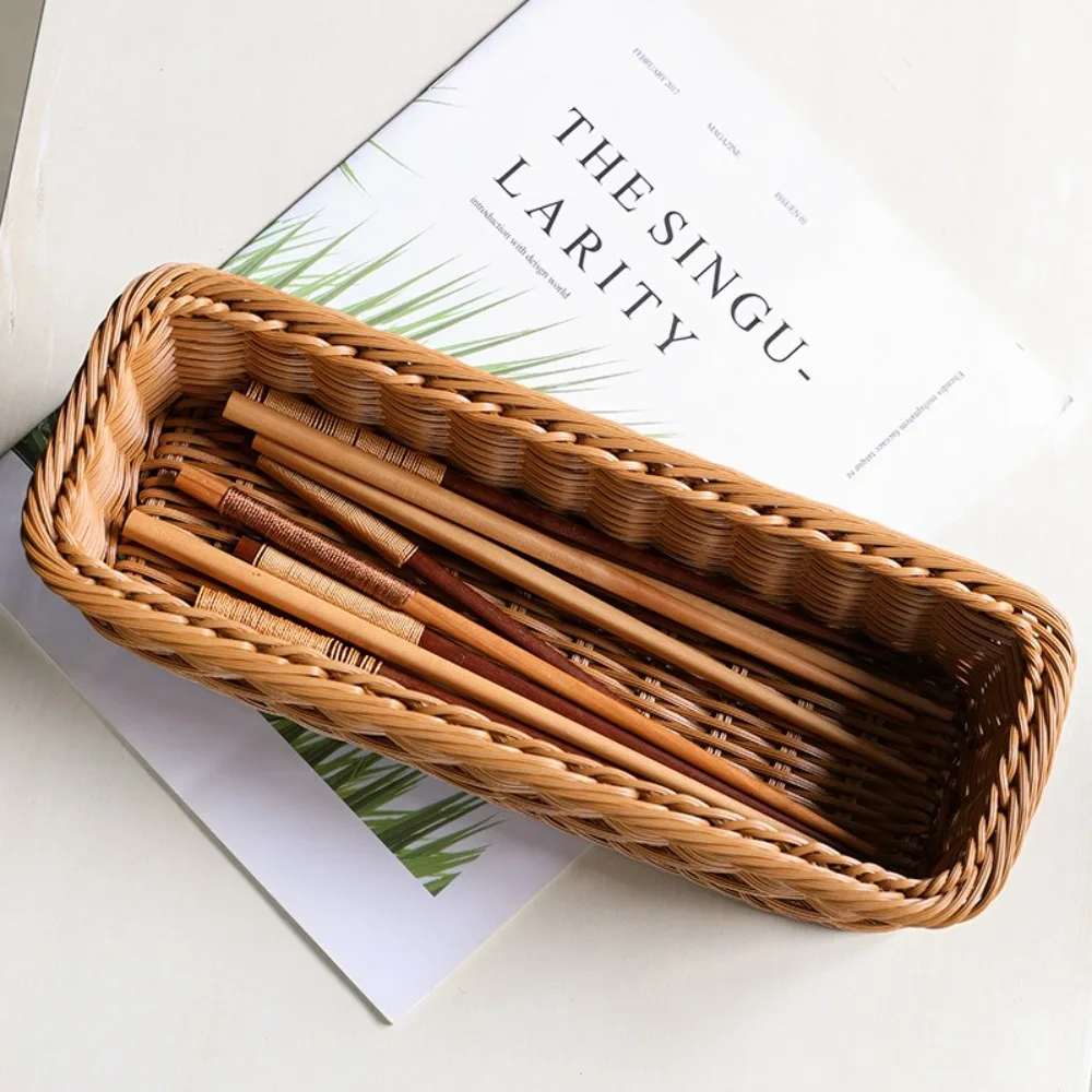 Kitchen Supplies Plastic Imitation Rattan Storage Basket Rectangle Durable Faux Wicker Tray Universal Bread Food Plate Home 4