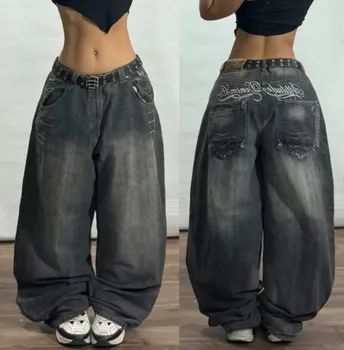 Y2K Streetwear Vintage Hip Hop Pop Letters Embroidered Baggy Jeans Women Harajuku Rock Casual Joker Couple High Waist Jeans 1