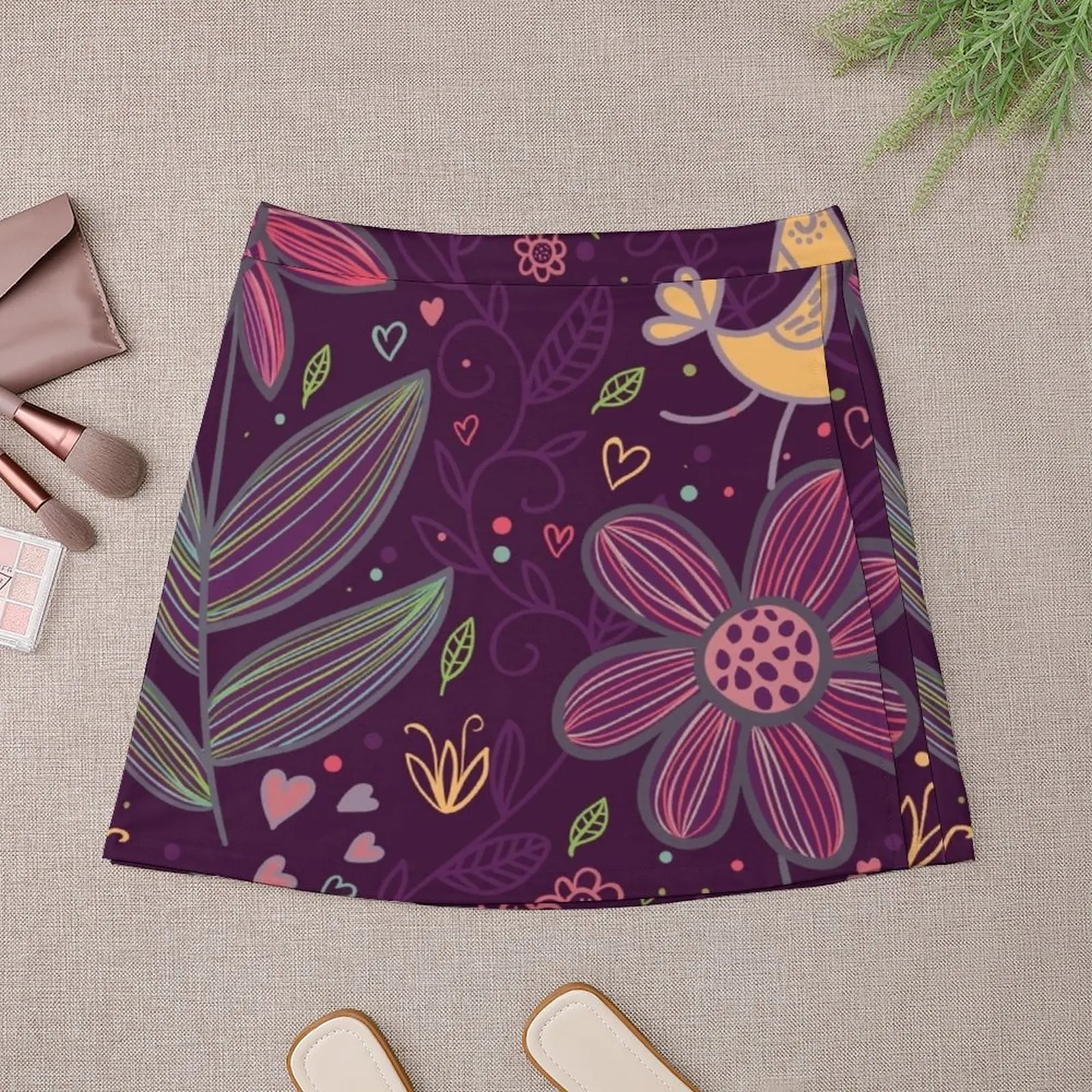 Whimsical Birds, Hearts, String Flowers Mini Skirt sexy skirt womens clothing girls skirt