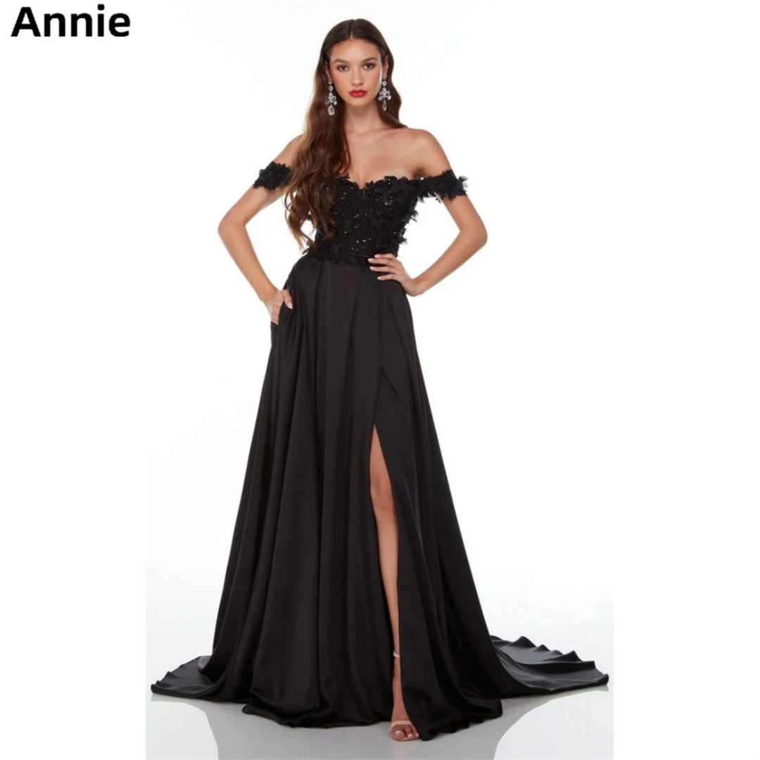 

Annie Chiffon Glitter Prom Dressess Off Shoulder Side Slit Cocktail Custom Evening Dress Black Birthday Party فساتين سهره فاخره