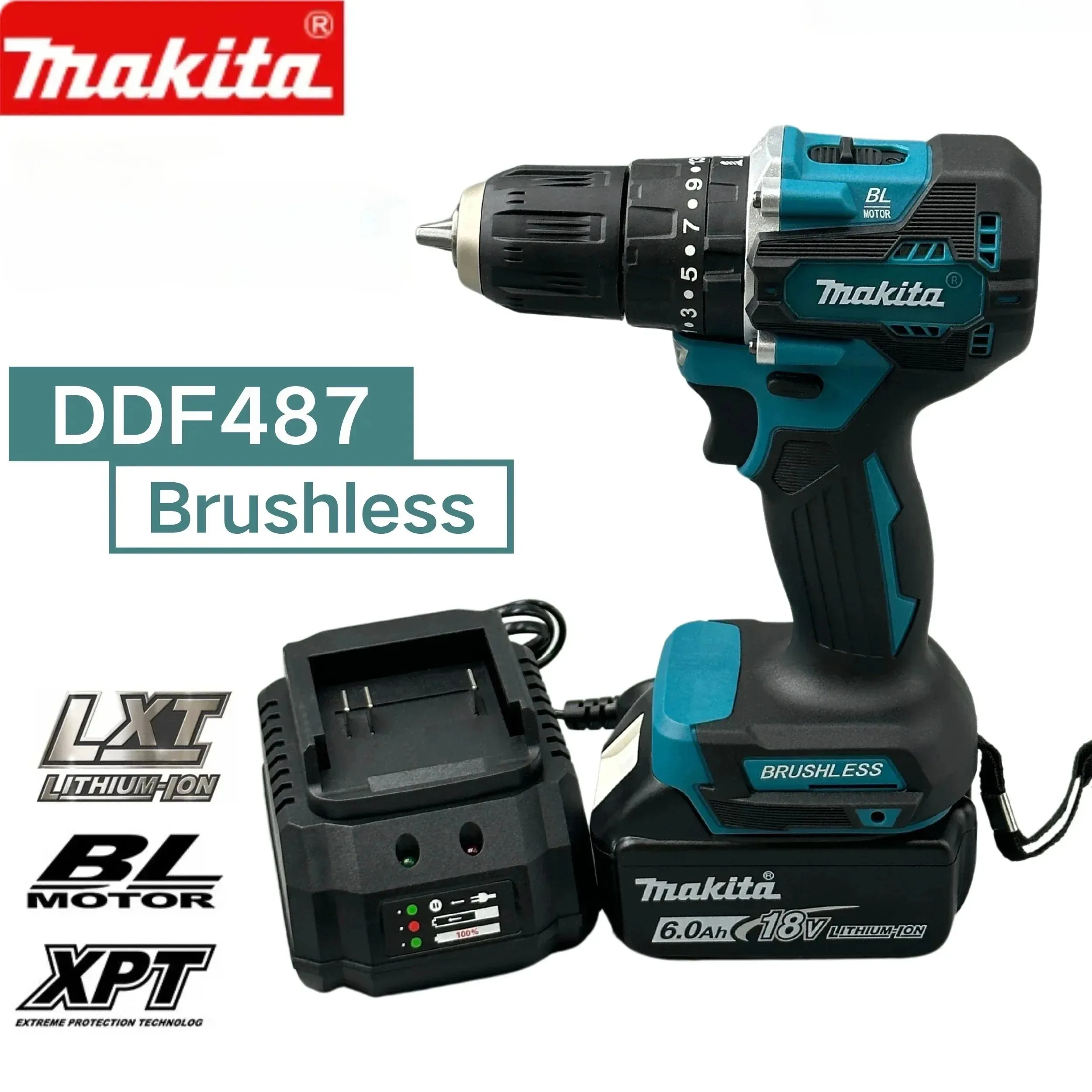 Makita DDF487 Perceuse à percussion électrique sans balais, tournevis 18V, outils électriques d'équipe de décoration, batterie 18V