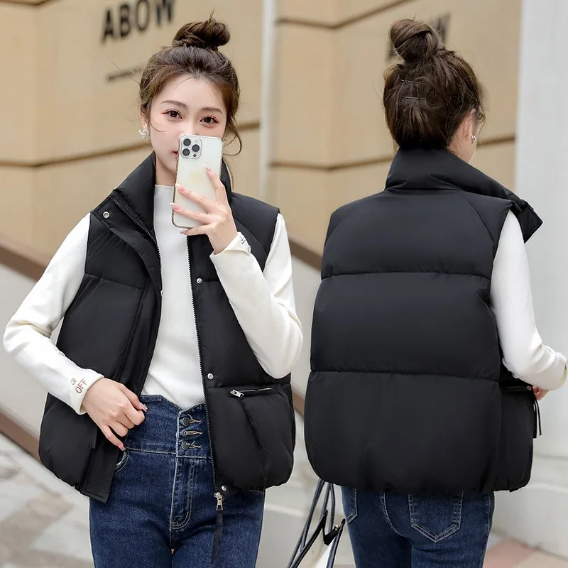 2023 Autumn Winter Cotton-padded Vest Coat Women Stand-up Collar Waistcoat Short Jacket Student Warm Tank Tops Sleeveless Coats