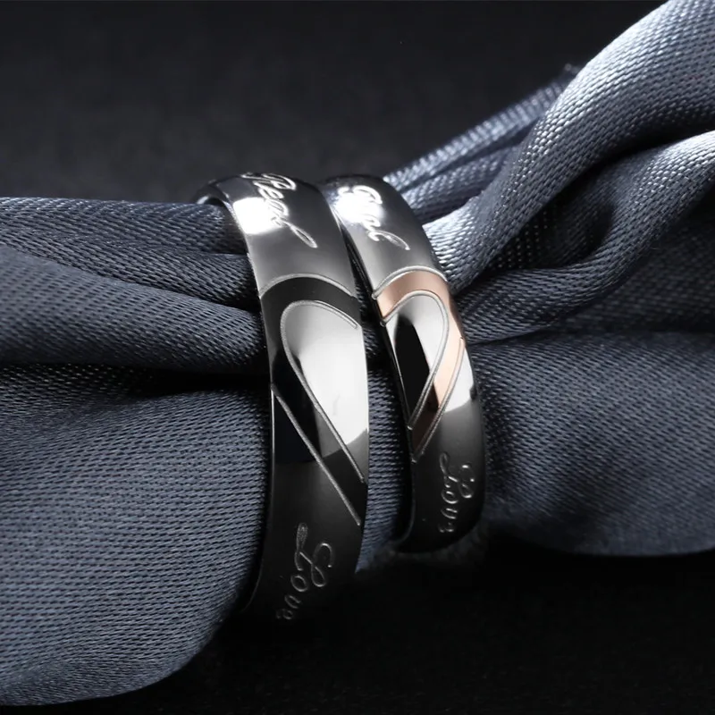 Stainless Steel Heart Puzzle Couple Rings "Real Love" Engaved Wedding Band Ring For Women Men Size 4-15