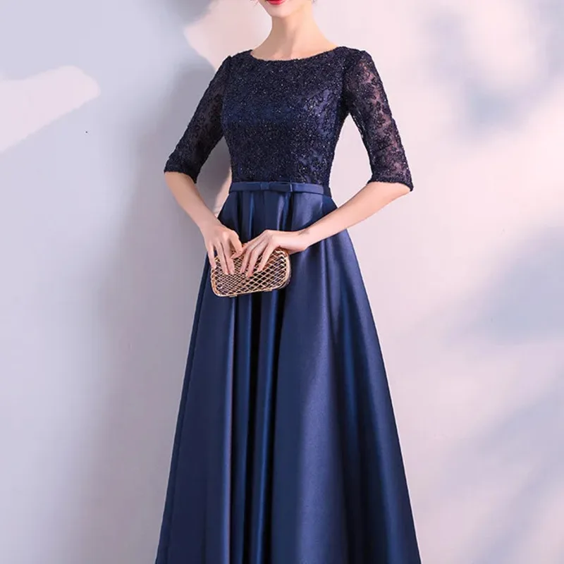 NEW 2024 LONG FORMAL EVENING DRESSES ELEGANT LACE SATIN NAVY BLUE VESTIDOS WOMEN PARTY GOWN vestido de festa Banquet