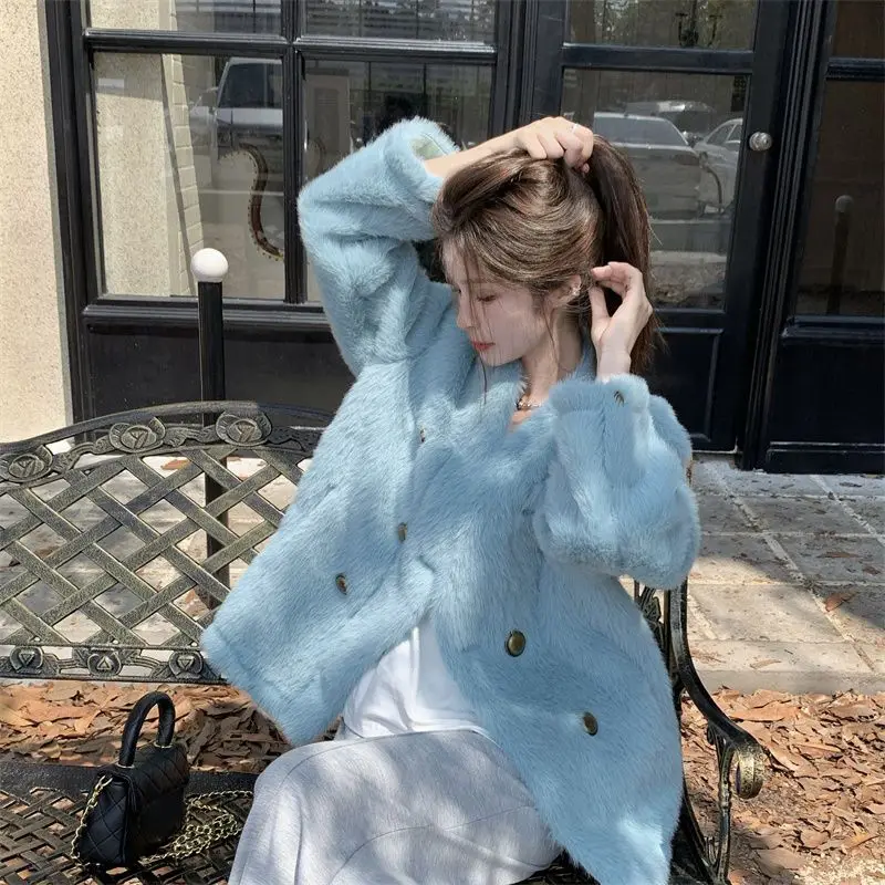 Vintage Fur Jacket Women Double-breasted Autumn Winter Faux Mink Fur Coat Warm Korean Chic Long Sleeve Luxury Designer Clothing