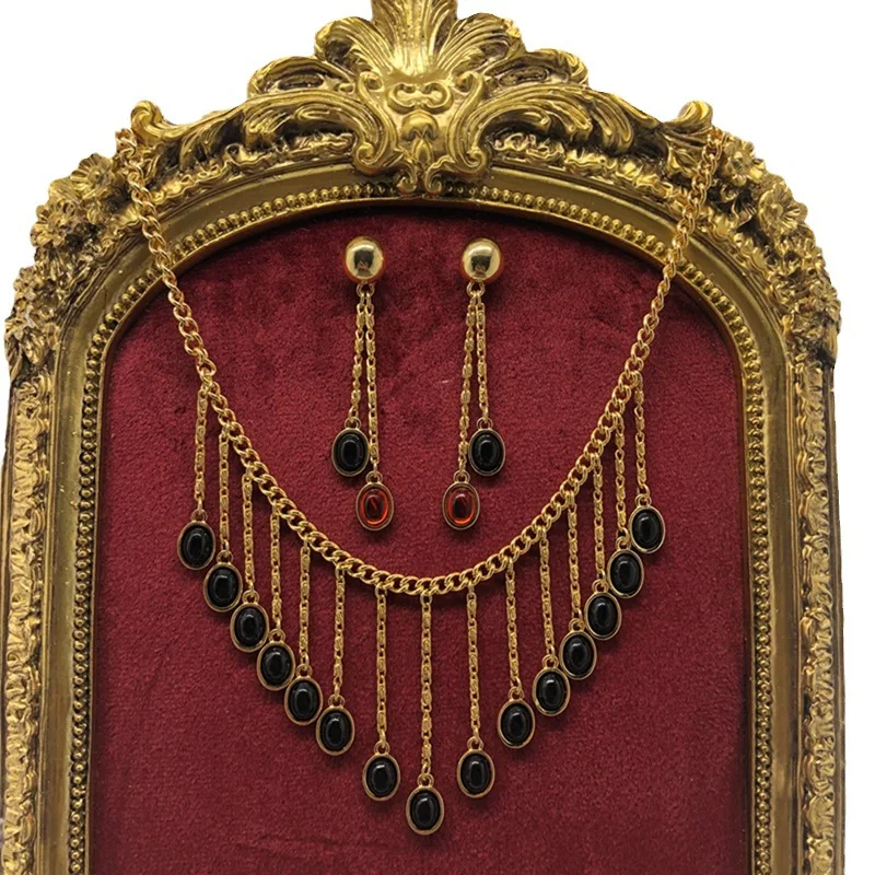 

Vintage Glass Pendant Copper Chain Tassel Necklace Earrings