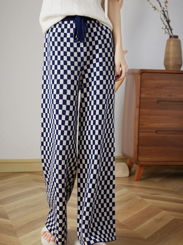 Women's Thick Wide Leg Pants, Elastic Checkerboard Knitting, Casual Mopping Trousers, Autumn and Winter Clothes, 100% Wool, New, 2023 autumn pregnant women belly pants striped patchwork knitting wide leg trousers for maternity loose winter woolen trousers