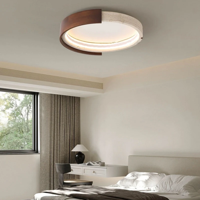 Novelyt Natural Stone LED Ceiling Lamp 46cm Dimmable Dark Wood Parlor Bedroom Dining Room Lighting Fixtures