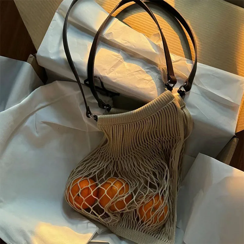 Women's Hollow Slim Mesh Pocket Design Open Top Luxury Designer Handbags 2024 New Polyester Woven Underarm Mesh Shoulder Bag