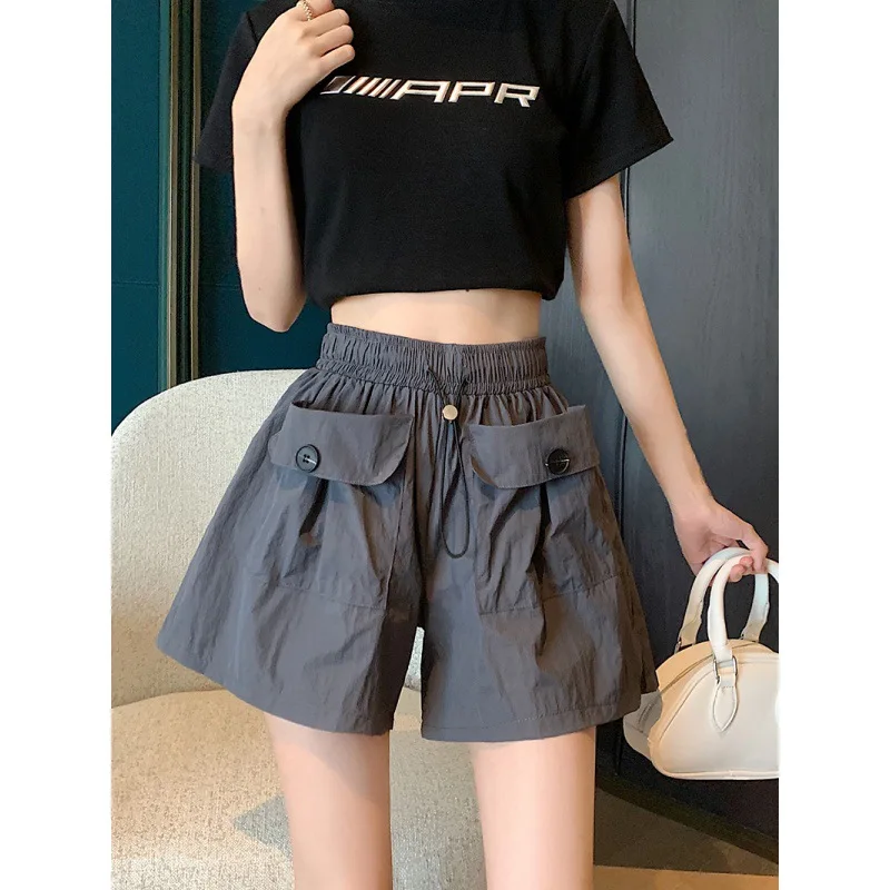 Summer New Minimalist Commute Shorts Women's Solid Spliced Button Pocket Drawstring Loose Casual High-waisted Wide Leg Trousers