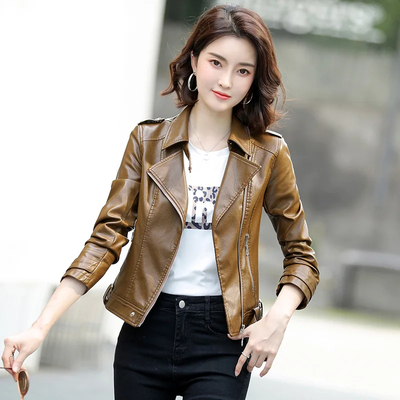 

Women Bike Coat Leather Outwear Zipper Asian Outfit Spring Autumn Women Fashion Short Thin Female locomotive Jacket Slim