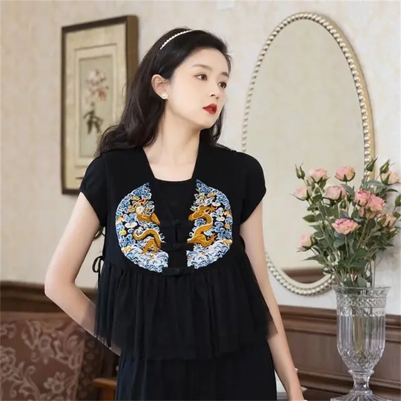 Cotton And Linen Summer Ebroidered Vest Jacket Women 2024 Shoulder Jacket Black XXXL Fashion Chinese Style Buckle Vest Jacket