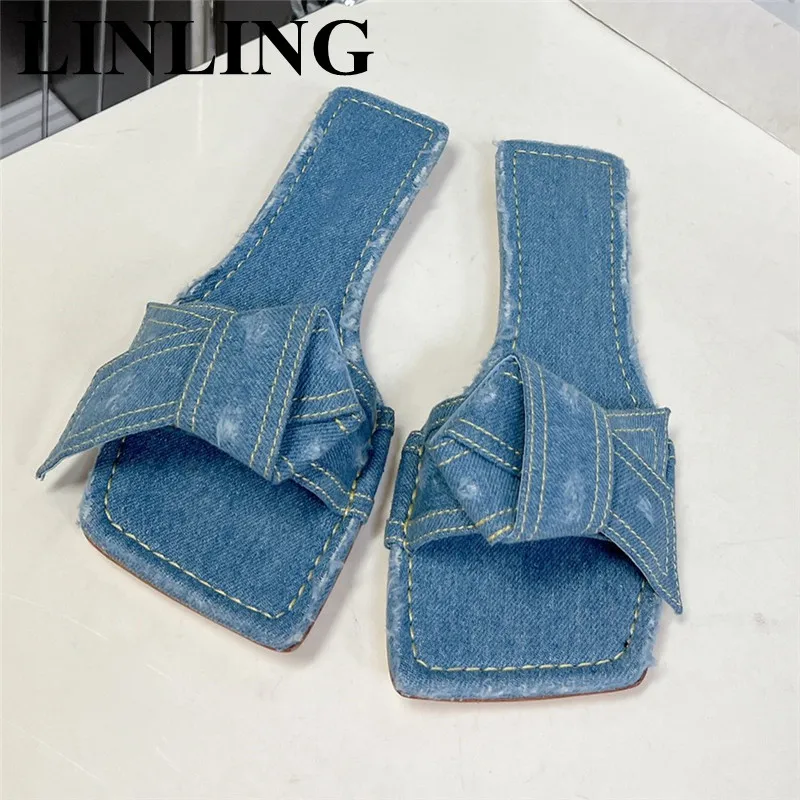 

New Summer Denim Butterfly-knot Women Slippers 2023 Genuine Leather Flat Sandals Square Toe Slides Beach Flip Flops Ladies Shoes