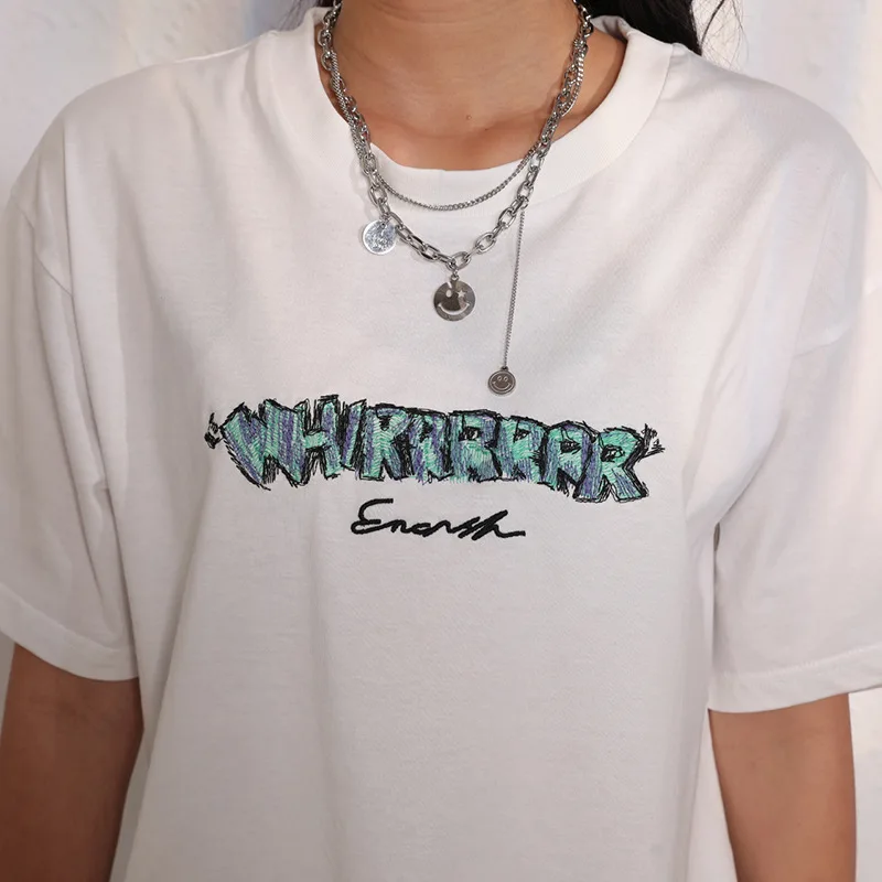 

Loose White Letter Print T Shirts Women Mid Length Short Sleeve Casual Tops O-neck All-match Large Simple Aesthetic New Tees