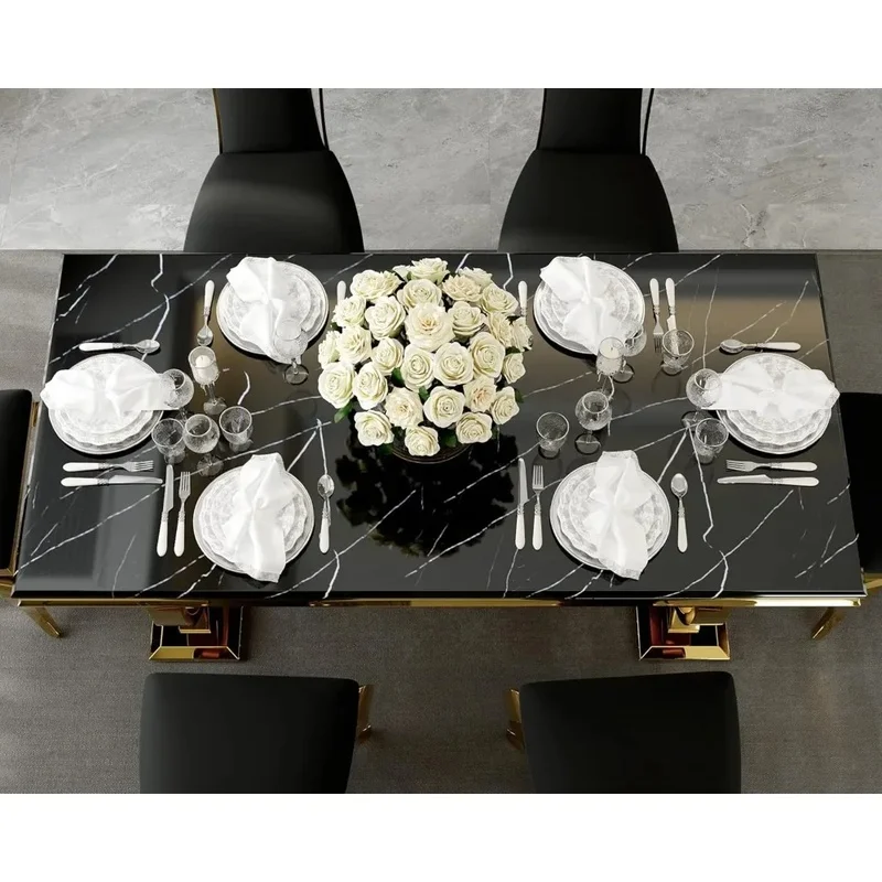 72 Inch Modern Dining Table Set with U-Base and 6 Black Velvet Upholstered Chairs