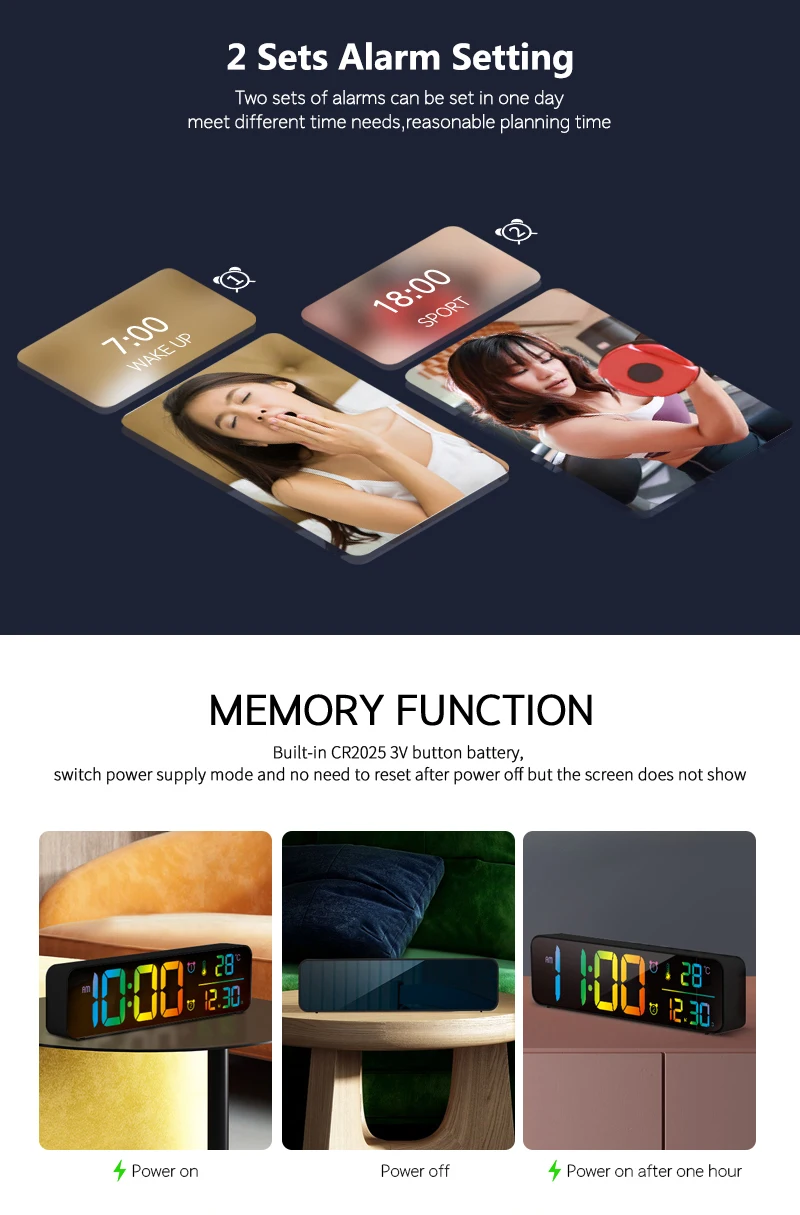 Description Picture 3 of itemLarge Music Digital Wall Clock Temperature Date 5 Level Brightness 12/24H 2 Alarms USB Powered Mirror LED Alarm Clock