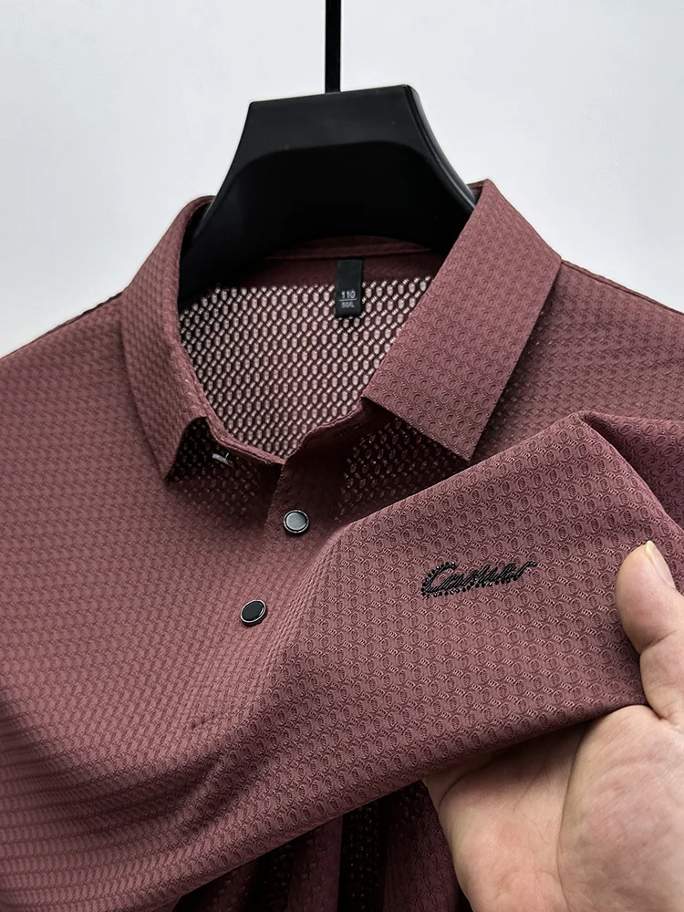 남성용 하이엔드 브랜드 아이스 실크 반팔 티셔츠, 메쉬 단색, 심리스 프린트 폴로 캐주얼 비즈니스 옷깃, 한국 스타일, 여름