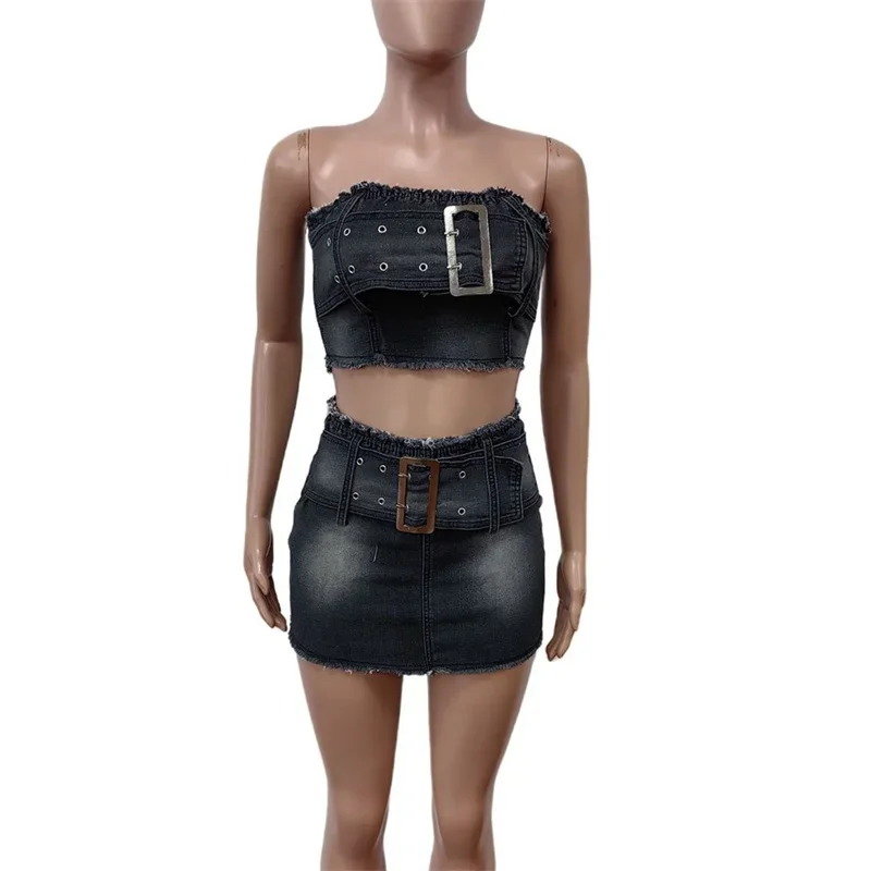 Fashion Sexy Adjustable Wrap Bust Tops Women New Denim 2 Piece Sets Back Ultra Short Skirt Zipper Female Suits Casual Streetwear